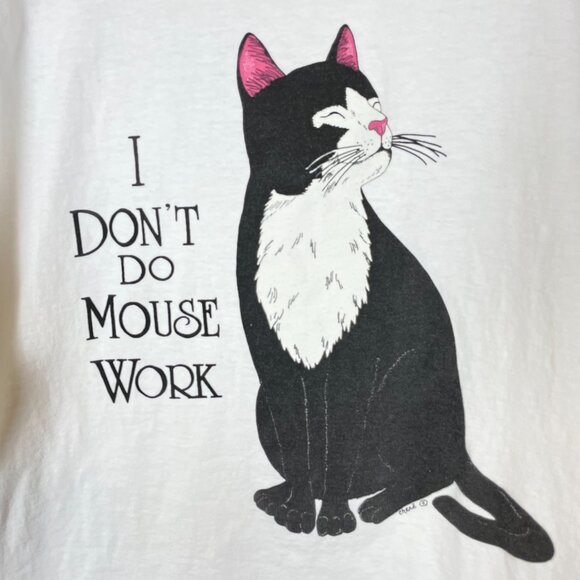 Vintage Cat Shirt I Don't Do Mouse Work Humor Graphic Tee White Unisex Oversized - Picture 2 of 16
